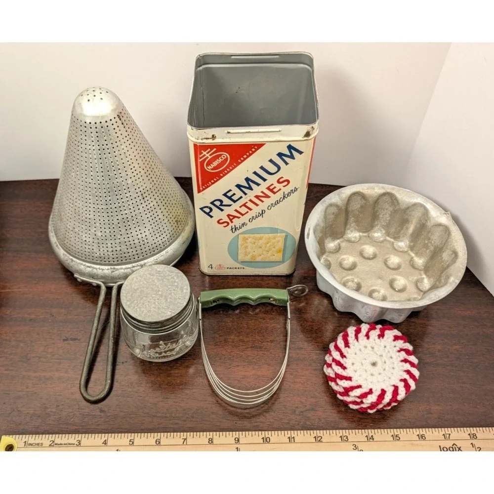 Vintage Kitchen Lot Aluminum Food Mill Nabisco Tin Jello Mold Pastry Blender 6pc
